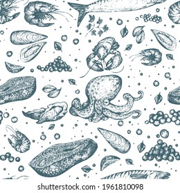 Seafood collection: hand-drawn vintage illustration with raw sea food and cooking elements, vector illustration