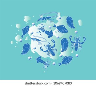 Seafood collection set with fish, oyster, lobster, shrimp, squid. Template of menu of fish market, restaurant; label, icon, tag, banner, background, business card. Drawing for packing product to store