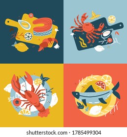 Seafood collection. Set of Hand-drawn isolated concepts. Vector flat cartoon illustrations in scandinavian style. Fish on a wooden cutting board and plate. Oysters, crab salmon and lobster. Top view