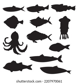 Seafood collection. Silhouettes. Black color. Hand drawn vector illustrations on white background.