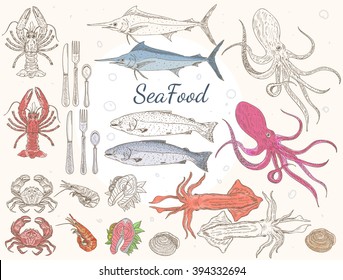 Seafood collection vector set art