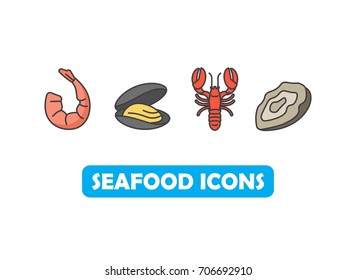 Seafood color flat line icons set with shrimp, mussel, lobster and oyster.
