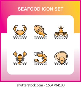 Seafood color icon on white background Vector Illustration. filled icons such as fish, squid, crab, scallops and shrimp with editable stroke of linear icons
