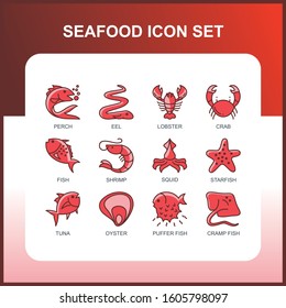 Seafood color icon on white background Vector Illustration. filled icons such as fish, squid, crab, scallops and shrimp with editable stroke of linear icons