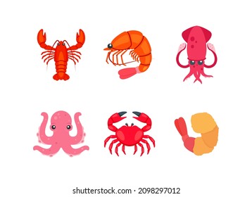 Seafood color icon set. Vector Seafood emoji illustration collection