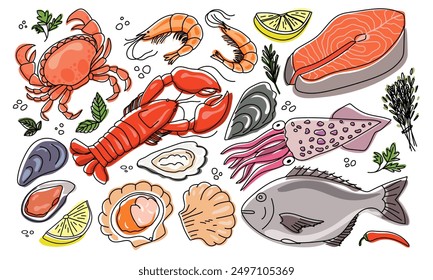 Seafood color sketch. Hand drawn food. Fresh raw market vector set sea animal