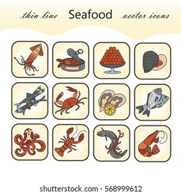 Seafood color vector icons set. Symbols of various delicacies - oyster, cancer, molluscs, mussels, eel, caviar, anchovies, octopus and dorado.