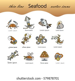 Seafood color vector icons set. Symbols of various delicacies - oyster, cancer, molluscs, mussels, eel, caviar, anchovies, octopus and dorado.