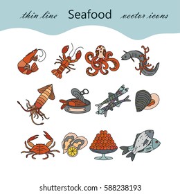 Seafood color vector icons set. Symbols of various delicacies - oyster, cancer, molluscs, mussels, eel, caviar, anchovies, octopus and dorado