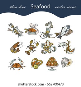 Seafood color vector icons set. Symbols of various delicacies - oyster, cancer, molluscs, mussels, eel, caviar, anchovies, octopus and dorado