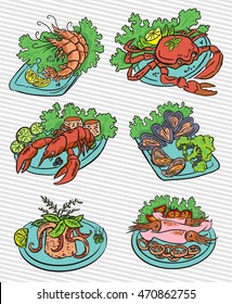 Seafood colorful vector illustrations