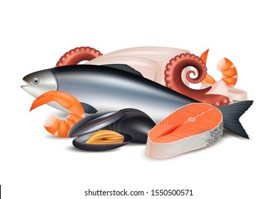 Seafood. Composition of different fresh protein food fish octopus mollusk lobster vector realistic pictures