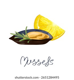 Seafood composition with mussel, citrus slice and herb. Clam, lemon rosemary twig. Hand drawn cartoon vector illustration, isolated on white background. Graphic print for culinary projects