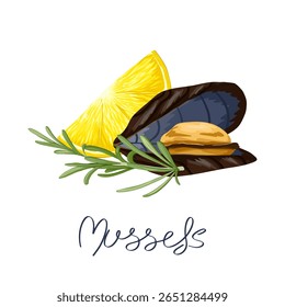 Seafood composition with mussel, citrus slice and herb. Clam, lemon rosemary twig. Hand drawn cartoon vector illustration, isolated on white background. Graphic print for culinary projects