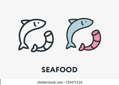 Seafood Concept. Fish and Shrimp Prawn Minimal Flat Line Outline Colorful and Stroke Icon Pictogram