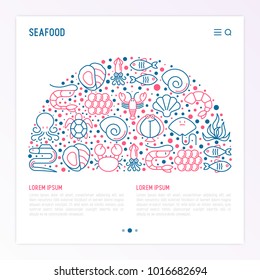 Seafood concept in half circle with thin line icons: lobster, fish, shrimp, octopus, oyster, eel, seaweed, crab, ramp, turtle. Modern vector illustration for restaurant menu.