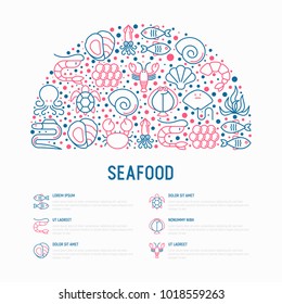 Seafood concept in half circle with thin line icons: lobster, fish, shrimp, octopus, oyster, eel, seaweed, crab, ramp, turtle. Modern vector illustration for restaurant menu.