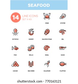 Seafood concept - line design icons set. Sea animals, marine products for menu, bar, restaurant. Crab, sushi, salmon steak, oyster, eel, snail, flatfish, octopus, shrimp, calamari, fish, rolls, caviar