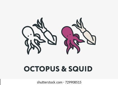 Seafood Concept Octopus and Squid Minimal Flat Line Outline Colorful and Stroke Icon Pictogram