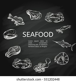 Seafood concept on chalkboard. Template with fish silhouettes fo