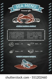 Seafood concept on chalkboard. Template with fish silhouettes fo