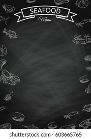 Seafood concept on chalkboard. Template with fish silhouettes for menu or brochure. Vector illustration
