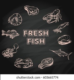 Seafood concept on chalkboard. Template with fish silhouettes for menu or brochure. Vector illustration