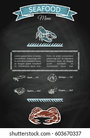 Seafood concept on chalkboard. Template with fish silhouettes for menu or brochure. Vector illustration