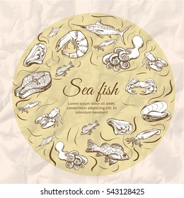 Seafood concept. Template with fish silhouettes for menu or brochure. Vector illustration