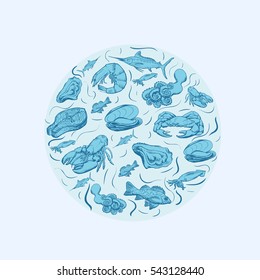 Seafood concept. Template with fish silhouettes for menu or brochure. Vector illustration
