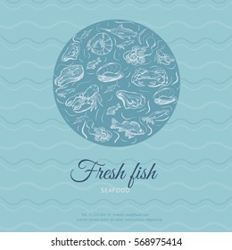 Seafood concept. Template with fish silhouettes for menu or brochure. Vector illustration.