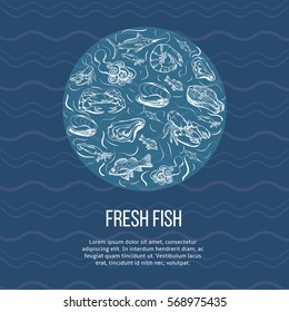 Seafood concept. Template with fish silhouettes for menu or brochure. Vector illustration