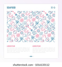 Seafood concept with thin line icons: lobster, fish, shrimp, octopus, oyster, eel, seaweed, crab, ramp, turtle. Modern vector illustration for restaurant menu.