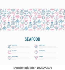 Seafood concept with thin line icons: lobster, fish, shrimp, octopus, oyster, eel, seaweed, crab, ramp, turtle. Modern vector illustration for restaurant menu.