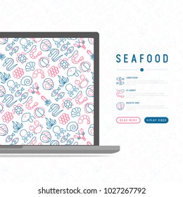 Seafood concept with thin line icons: lobster, fish, shrimp, octopus, oyster, eel, seaweed, crab, ramp, turtle. Modern vector illustration for restaurant menu.