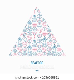 Seafood concept in triangle with thin line icons: lobster, fish, shrimp, octopus, oyster, eel, seaweed, crab, ramp, turtle. Modern vector illustration for restaurant menu.