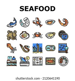 Seafood Cooked Food Dish Menu Icons Set Vector. Shrimp And Shellfish, Oyster And Fish, Crab And Scallops Delicious Seafood Line. Caviar And Octopus, Lobster And Squid Color Illustrations