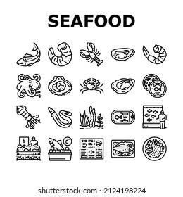 Seafood Cooked Food Dish Menu Icons Set Vector. Shrimp And Shellfish, Oyster And Fish, Crab And Scallops Delicious Seafood Line. Caviar And Octopus, Lobster And Squid Black Contour Illustrations