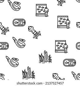 Seafood Cooked Food Dish Menu Vector Seamless Pattern Thin Line Illustration