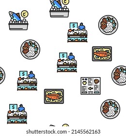 Seafood Cooked Food Dish Menu Vector Seamless Pattern Thin Line Illustration