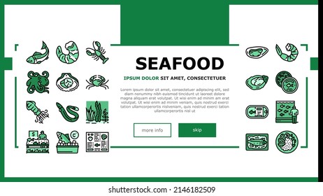 Seafood Cooked Food Dish Menu Landing Web Page Header Banner Template Vector. Shrimp And Shellfish, Oyster Fish, Crab And Scallops Delicious Seafood . Caviar Octopus, Lobster And Squid Illustration