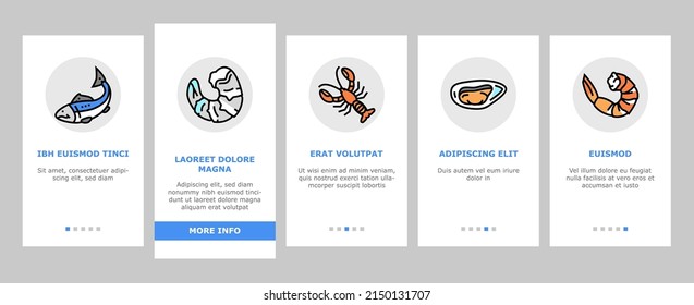 Seafood Cooked Food Dish Menu Onboarding Mobile App Page Screen Vector. Shrimp And Shellfish, Oyster And Fish, Crab Scallops Delicious Seafood Line. Caviar And Octopus, Lobster And Squid Illustrations