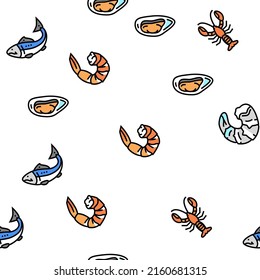 Seafood Cooked Food Dish Menu Vector Seamless Pattern Thin Line Illustration