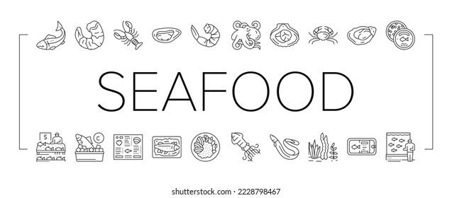 Seafood Cooked Food Dish Menu Icons Set Vector. Shrimp And Shellfish, Oyster And Fish, Crab And Scallops Delicious Seafood Line. Caviar And Octopus, Lobster And Squid Black Contour Illustrations