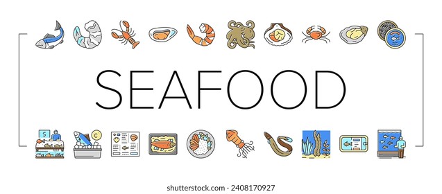 Fisch gekochte Speisekarte Symbole Set Vektor. Garnelen und Schalentiere, Austern und Fische, Krabben und Scallops Köstliche Seafood-Linie. Illustrationen zum Thema Kaviar und Tintenfisch, Hummer und Kalmare