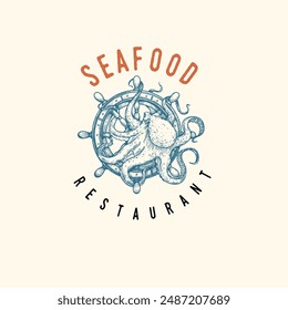 Seafood cover design template. Octopus on helm hand drawn sketch style. Best for nautical and marine designs. Vector illustration.