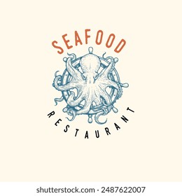 Seafood cover design template. Octopus on helm hand drawn sketch style. Best for nautical and marine designs. Vector illustration.
