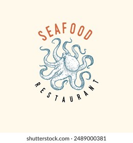 Seafood cover design template. Octopus hand drawn sketch style. Best for nautical and marine designs. Vector illustration.