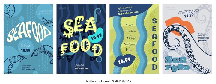 Seafood cover typography template for advertising design. Food posters and greeting cards with octopus, crabs, fishes, shrimps, mollusc and others for restaurant or shop menu. Vector illustration.