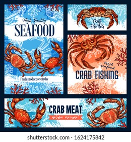 Seafood, crab fishing and meat of crustacean animal. Vector sketch posters of underwater crab with claws, sea bottom with corals and seaweeds